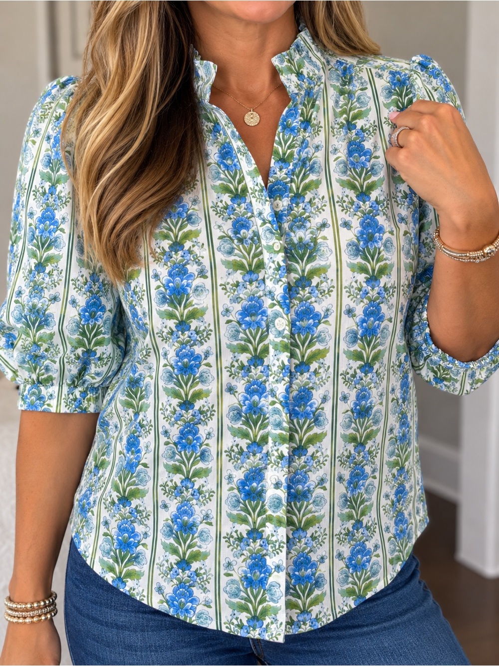 entro Blue and Green Floral Button-Down Puff Sleeve Top